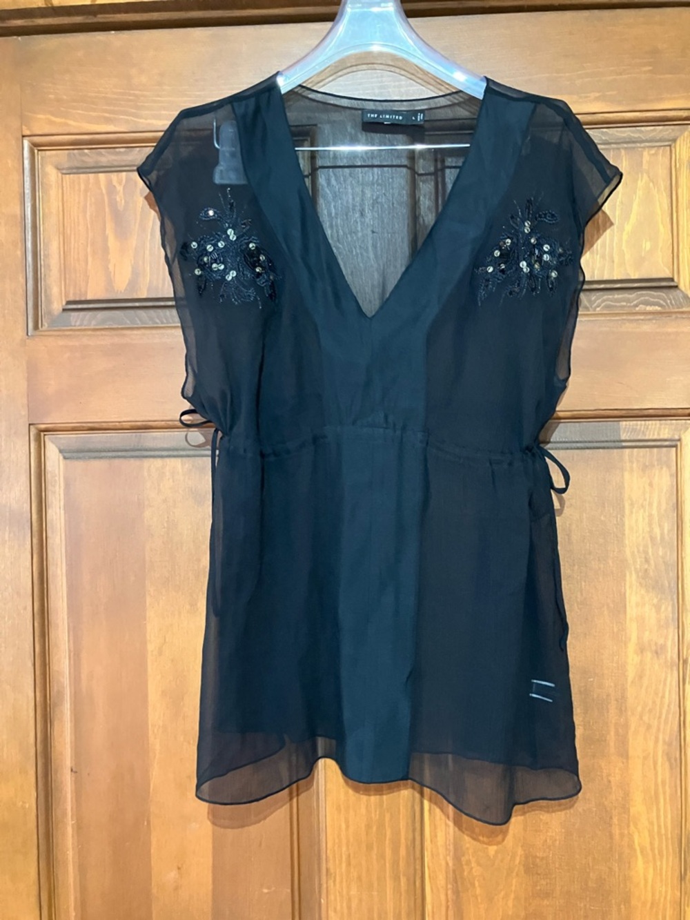 The Limited Black Sheer V-Neck Embellished Blouse